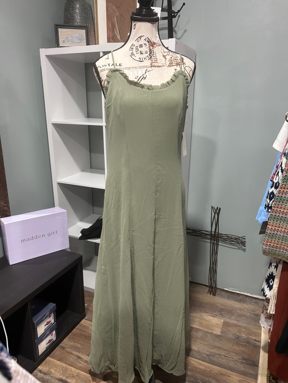 a new day Olive Green Ruffle-Trim Maxi Slip Dress